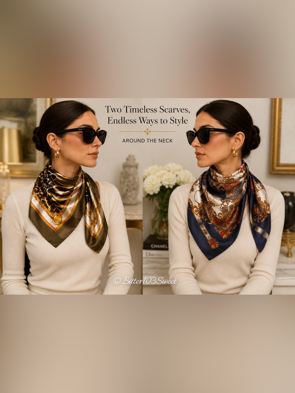 Bundle of 2 Elegant Silk Fashion Scarves | Animal Print & Baroque Chain Print - Picture 1 of 9